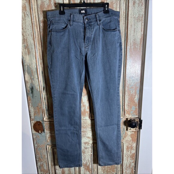 PAIGE Federal Jeans Men 34 Blue Distressed Denim Slim Straight Leg Stretch - Picture 1 of 12